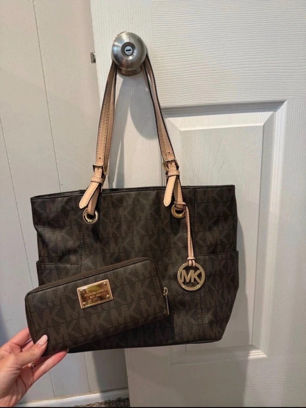 Michael Kors Brown Monogram Tote with Tan Straps and Matching Wallet